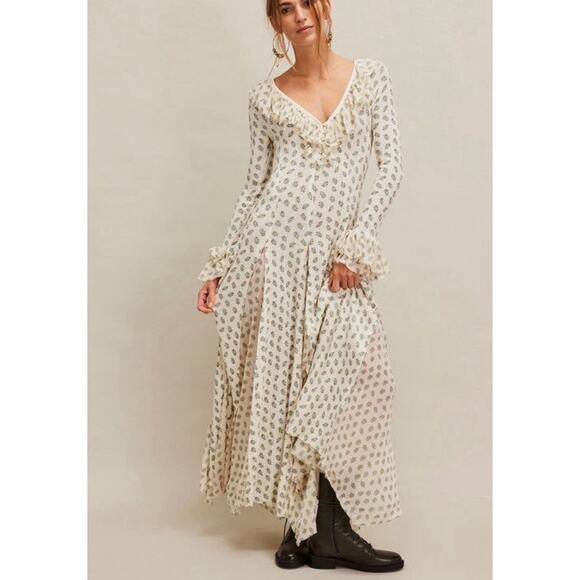 Free People Dresses & Skirts - Free People Annalise Waffle Thermal Ruffles Bell Sleeve Godet Maxi Dress XL